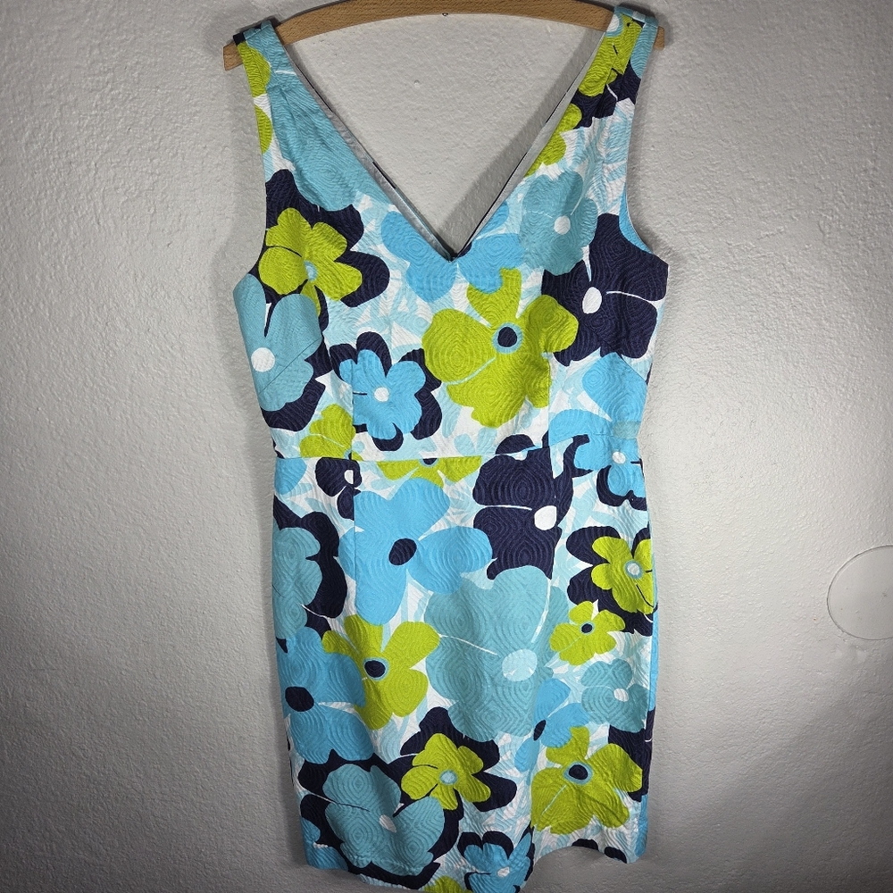 Lilly Pulitzer Kiki Shorely Shift Dress Size 12 Blue Pop Floral Jacquard V-Neck